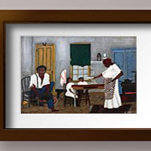 May include: A painting depicting a family gathered around a table in a kitchen. The woman in the white dress is serving food from a plate. The man in the white shirt and suspenders is sitting at the table. Two children are seated at the table. The kitchen has a wooden door, a window, and a cabinet. The painting is framed in a dark brown frame.