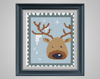 Postage Stamp Reindeer - Christmas crossstitch - PDF cross stitch pattern - INSTANT DOWNLOAD