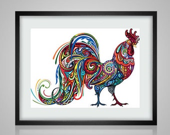 Cross Stitch Pattern Ruby Rooster pdf counted crossstich tutorial chicken colorful intricate modern embroidery INSTANT DOWNLOAD