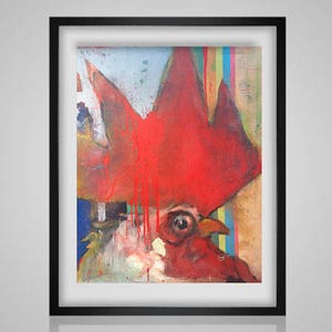 Peut inclure: Peinture abstraite d'une tête de coq avec une crête et une barbe rouges, sur un fond coloré.