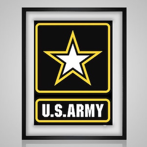 May include: A black framed print with a yellow star and the text "U.S. ARMY" in a yellow rectangle.