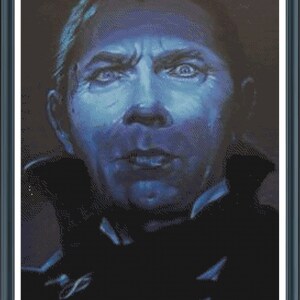 Pu&ograve; includere: Ritratto incorniciato di un uomo con carnagione bluastra. L'uomo ha un'espressione seria, con sopracciglia aggrottate e occhi intensi. L'opera d'arte &egrave; incorniciata in una cornice blu scuro.