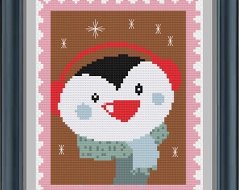 Postage Stamp Penguin - Christmas crossstitch - PDF cross stitch pattern - INSTANT DOWNLOAD