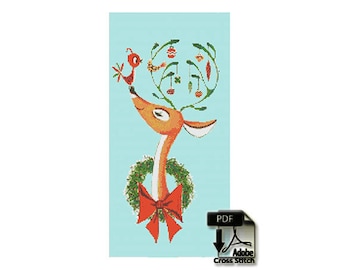 Retro Reindeer - birds and ornaments in his horns mod midcentury christmas vintage  quick easy   pdf cross stitch pattern - INSTANT DOWNLOAD