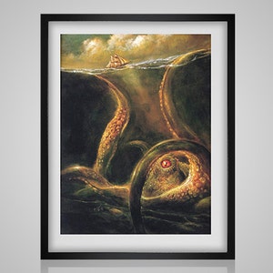 May include: A painting of a giant octopus with one large eye, attacking a small ship in the ocean. The octopus is dark green and brown with a red eye. The ship is small and white with brown sails.