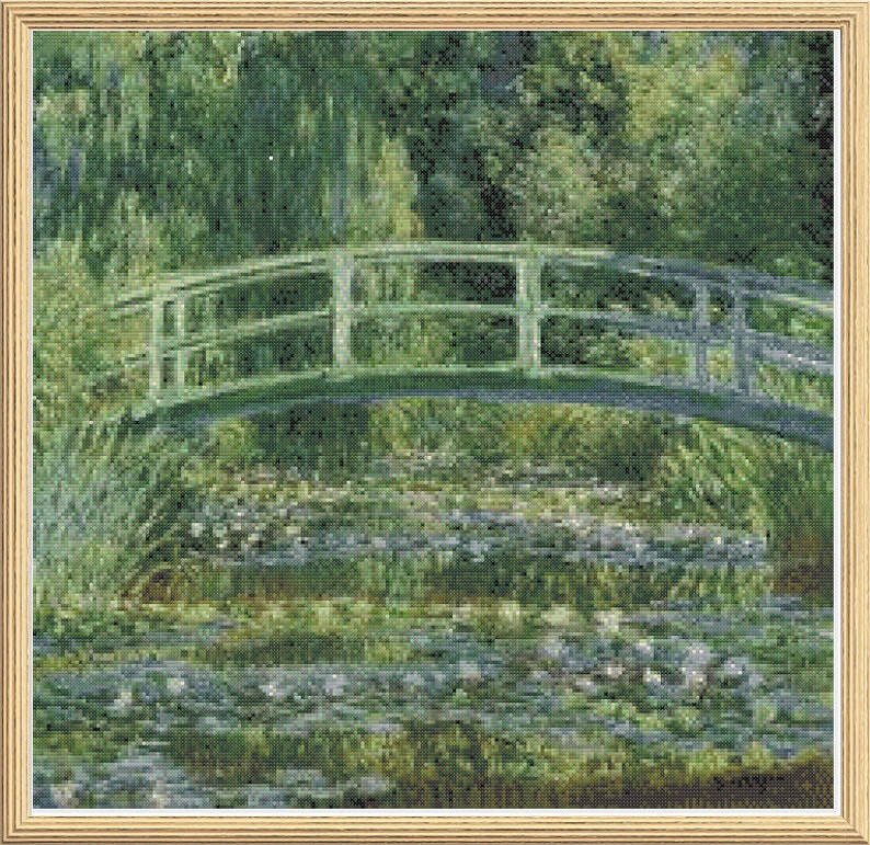May include: A green wooden bridge spans a pond filled with water lilies. The bridge has a railing and is surrounded by lush green foliage.