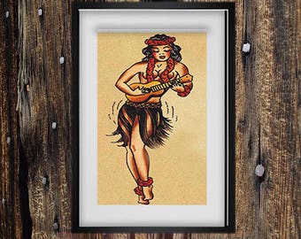 Cross Stitch patroon Hula Girl Tattoo Flash Art Amerikaanse traditionele matroos stijl pdf geteld kruissteek borduurwerk INSTANT DOWNLOAD