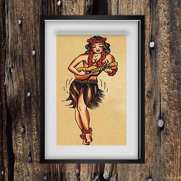 Cross Stitch Pattern Hula Girl Tattoo Flash Art American Traditional sailor style  pdf counted crossstitch embroidery INSTANT DOWNLOAD