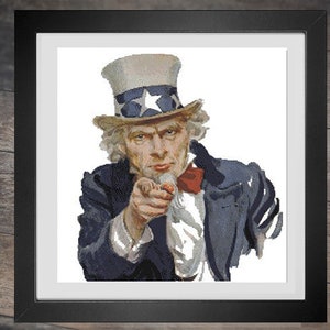 May include: Framed print of Uncle Sam pointing directly at the viewer. The artwork features Uncle Sam in a blue suit, a red bow tie, and a top hat with stars. The image has a vintage, patriotic aesthetic.