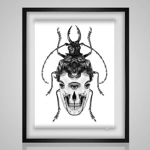 May include: Black and white illustration of a woman's face with a beetle's head and antlers. The woman's face is partially obscured by the beetle's head, which is a skull.