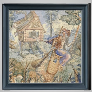 May include: A colorful tapestry depicting a woman in a blue dress riding a broom with a bucket in front of her. The woman is wearing a brown hat and has long brown hair. The tapestry also features a small wooden house with a red roof and a deer in the background.