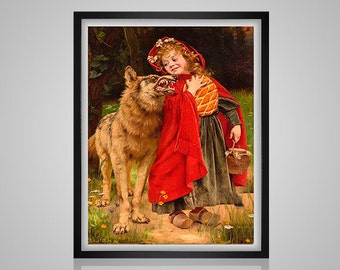 Little Red Riding Hood with Wolf - fairy tale brothers grim vintage large modern needlecraft pdf cross stitch pattern - INSTANT DOWNLOAD