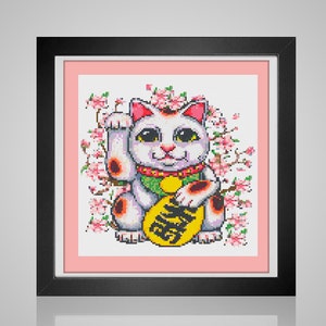 Lucky Cat - maneki-neko beconing cat japanese lucky symbol modern needlecraft  pdf cross stitch pattern -  -INSTANT DOWNLOAD