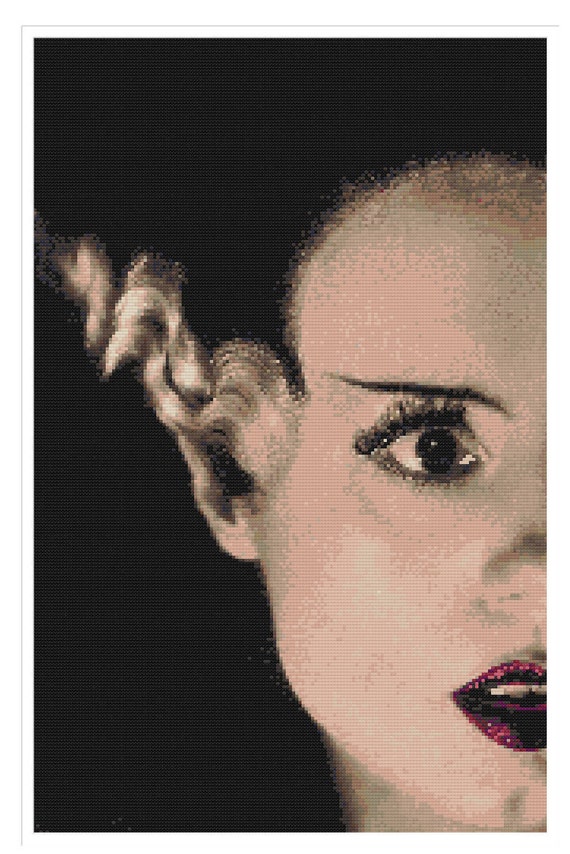 Bride of Frankenstein Half Face Pdf Crossstitch Tutorial Semi