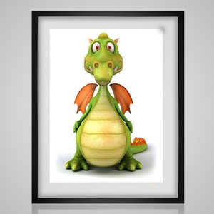 May include: A green cartoon dragon with orange wings and a yellow belly. The dragon has a friendly expression and is looking directly at the viewer.