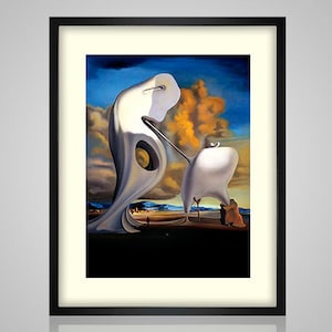 May include: Surrealist painting featuring two white, organic shapes in a landscape setting. The shapes appear to be floating in the air and are connected by a long, thin, white line. The background is a blue sky with white clouds and a yellow-orange sunset.