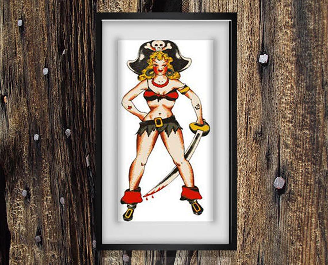 Pirate Girl Tattoo Flash Art Pdf Crossstitch Tutorial American - Etsy Pirate Girl Tattoo Flash Art Pdf Crossstitch Tutorial American - Etsy