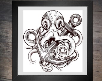 Octopus Woodcut - with Anchor - PDF cross stich pattern - INSTANT DOWNLOAD