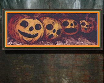 Pumkin row - Downloadable PDF Cross Stitch Pattern creepy halloween pumkins scary silly orange holidays post card style INSTANT DOWNLOAD