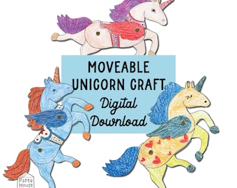 May include: Three hand-drawn unicorn crafts in various colours, including blue, yellow, and white, with wings, manes, and heart patterns. Text on a blue background reads "MOVEABLE UNICORN CRAFT Digital Download."