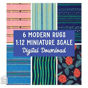 May include: Six digital download patterns for 1:12 scale miniature rugs. The patterns include stripes in blue, green, pink, and black, as well as a floral pattern with red flowers on a dark blue background.