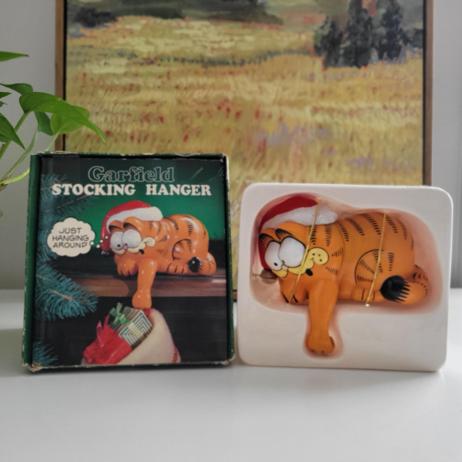 GARFIELD 西ドイツ製 80年代 当時物 ミニポスター Vintage Garfield Christmas Stocking Hanger by Enesco With Original