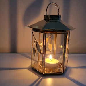 Vintage Brass & Glass Lantern: Hexagonal Tealight Candle Holder, Handcrafted in Mexico