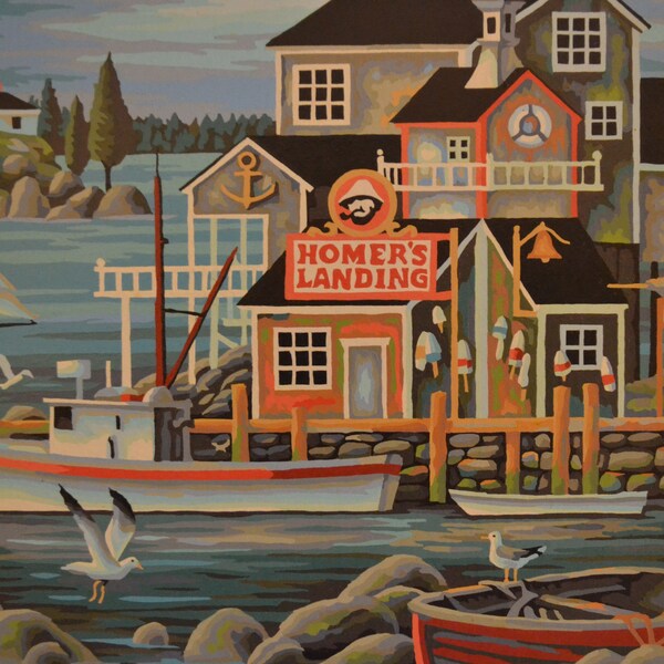 Vintage Paint By Number Oil Painting, Coastal, Mid-Century, Colorful, New England Coastal