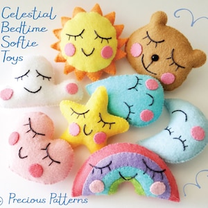 May include: A set of eight felt celestial-themed plush toys, including a sun, moon, cloud, star, heart, rainbow, and raindrop. Each toy has a smiling face with closed eyes and pink cheeks. The toys are all made of soft felt and are perfect for cuddling.
