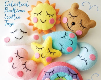 Felt Celestial Bedtime Softie Toy Set Garland Banner Sewing Pattern Tutorial PDF e ePATTERN rainbow sun moon raindrop star cloud bear baby