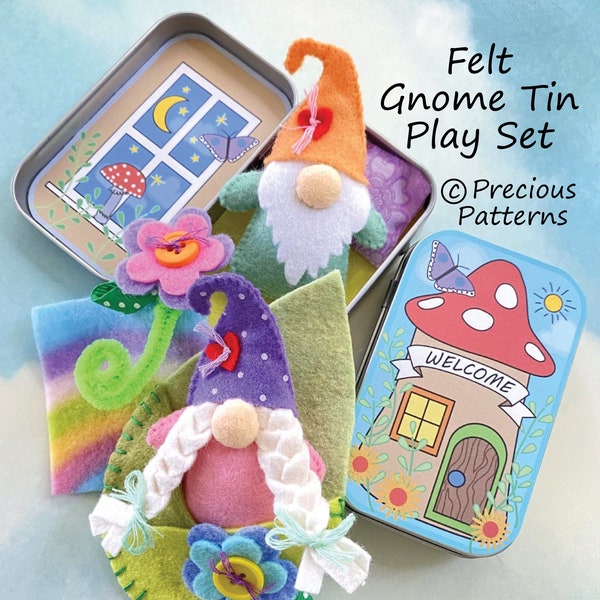Gnome Tin Play Set Felt Sewing Pattern Toy Magical Flower Leaf Sleeping Bag - Tutorial PDF ePATTERN - e pattern - Hand Sewing