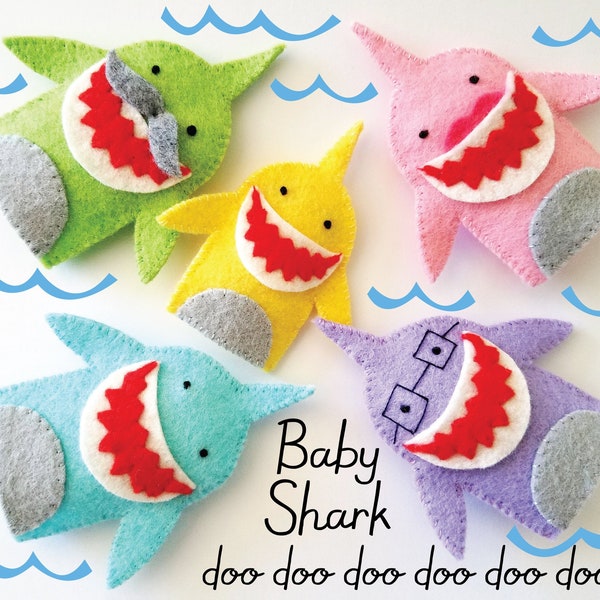 Shark Family Felt Finger Puppets Sewing Pattern - PDF ePATTERN for Baby Shark Song - Mommy - Daddy - Grandma - Grandpa - doo doo