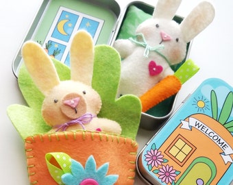 Bunny Rabbit Tin Play Set Felt Sewing Pattern Toy Easter Spring Carrot Sleeping Bag - Tutorial PDF ePATTERN - e pattern - Hand Sewing Animal