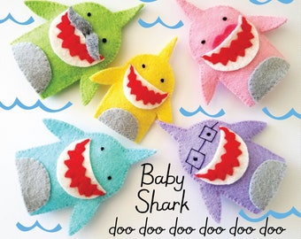Shark Family Felt Finger Puppets Sewing Pattern - PDF ePATTERN for Baby Shark Song - Mommy - Daddy - Grandma - Grandpa - doo doo