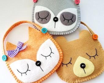 Fox, Raccoon and Bear Felt Purse Pouches PDF Sewing Pattern - PDF e Pattern DIY - Woodland Animal epattern - Party Treat Bag Toy Tutorial