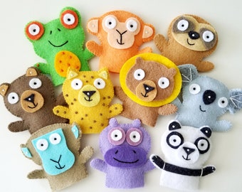 Felt Wild Animal Finger Puppets Sewing Pattern - PDF ePATTERN - Tree Frog Orangutan Sloth Bear Cheetah Lion Koala Baboon Hippo Panda