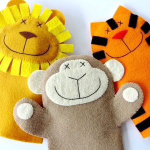 SALE - PDF ePATTERN for Lion, Monkey & Tiger Felt Hand Puppets