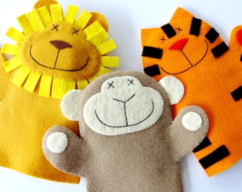 SALE - PDF ePATTERN for Lion, Monkey & Tiger Felt Hand Puppets