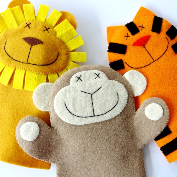 VENTE - ePATTERN PDF pour marionnettes à main en feutre Lion, singe et tigre