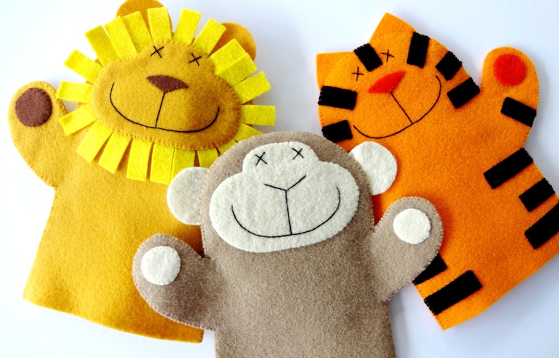 SALE PDF ePATTERN for Lion, Monkey & Tiger Felt Hand Puppets image 1