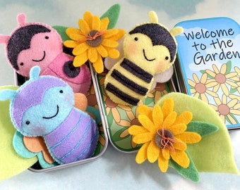 Bumble Bee, Ladybug & Butterfly Tin Play Set Felt Sewing Pattern - Tutorial PDF ePATTERN - e pattern - Hand Sewing Bug and Flower DIY