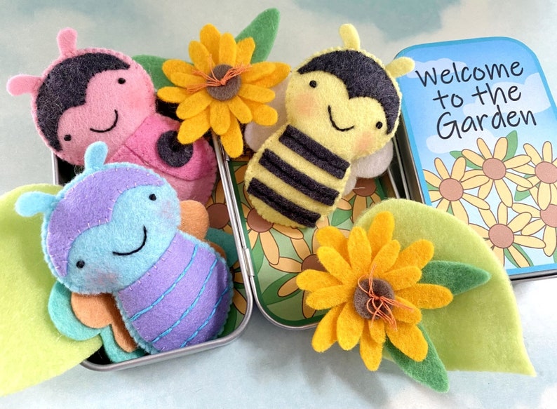 Bumble Bee, Ladybug & Butterfly Tin Play Set Felt Sewing Pattern Tutorial PDF ePATTERN e pattern Hand Sewing Bug and Flower DIY image 1