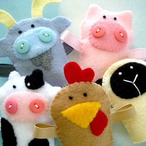 Bauernhof Tier Filz-Fingerpuppen Schnittmuster - PDF ePATTERN für Ziege, Schwein, Kuh, Henne, Schaf & Tragetasche