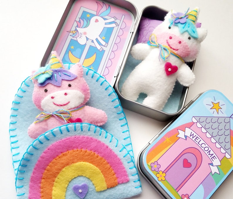 Unicorn Tin Play Set Felt Sewing Pattern Toy Magical Rainbow Sleeping Bag Tutorial PDF ePATTERN e pattern Hand Sewing Animal image 5