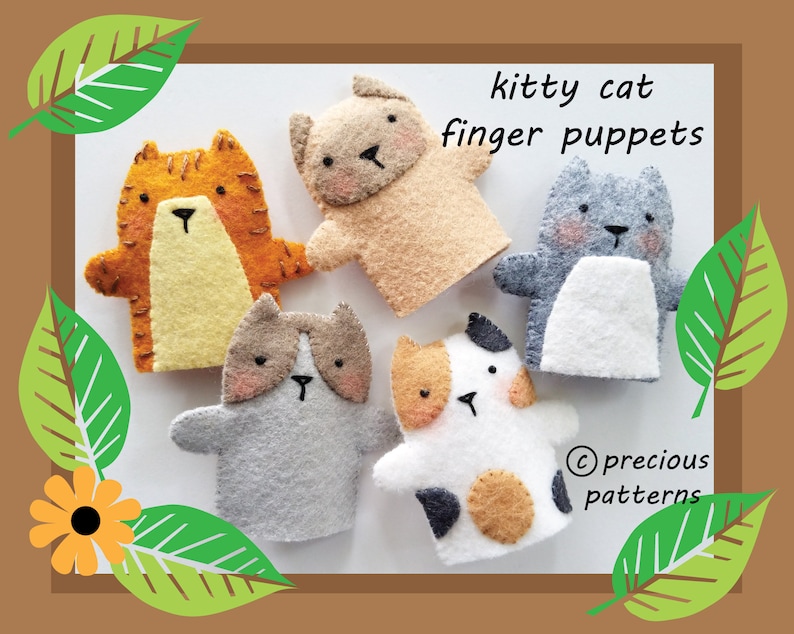 Kitty Cat Felt Finger Puppets Sewing Pattern PDF ePATTERN for Five different Kitty Cats & Carrying Case Siamese, Calico image 2
