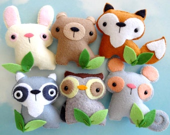 Felt Sewing Pattern Toy - Felt Woodland Animal Toy Set Sewing Pattern - Tutorial - PDF ePATTERN - Raccoon, Fox, Bear, Bunny, Mouse & Owl