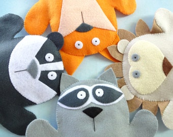 OFERTA - PATRÓN PDF para títeres de fieltro de animales del bosque: zorro, mapache, tejón y erizo