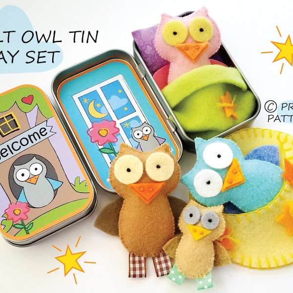 Owl Tin Play Set Felt Sewing Pattern with Moon Pouch Sleeping Bag - Tutorial PDF ePATTERN - e pattern - Hand Sewing Animal - Fall Halloween