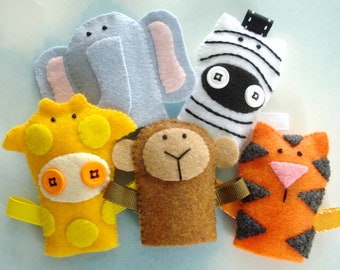 Felt Sewing Pattern -Jungle Animal Felt Finger Puppets Sewing - PDF ePATTERN for Monkey, Tiger, Elephant, Giraffe, Zebra & Carrying Case