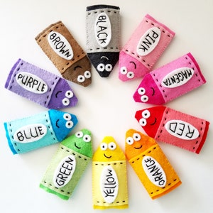 Crayon Felt Finger Puppets Sewing Pattern - PDF ePATTERN for Crayon Colors red orange yellow green blue purple brown black coloring rainbow